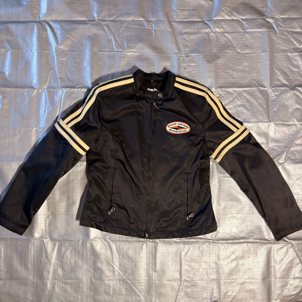 Harley Davidson Women M Black Textile Riding Jacket Striped Sleeve EagleMesh Y2K